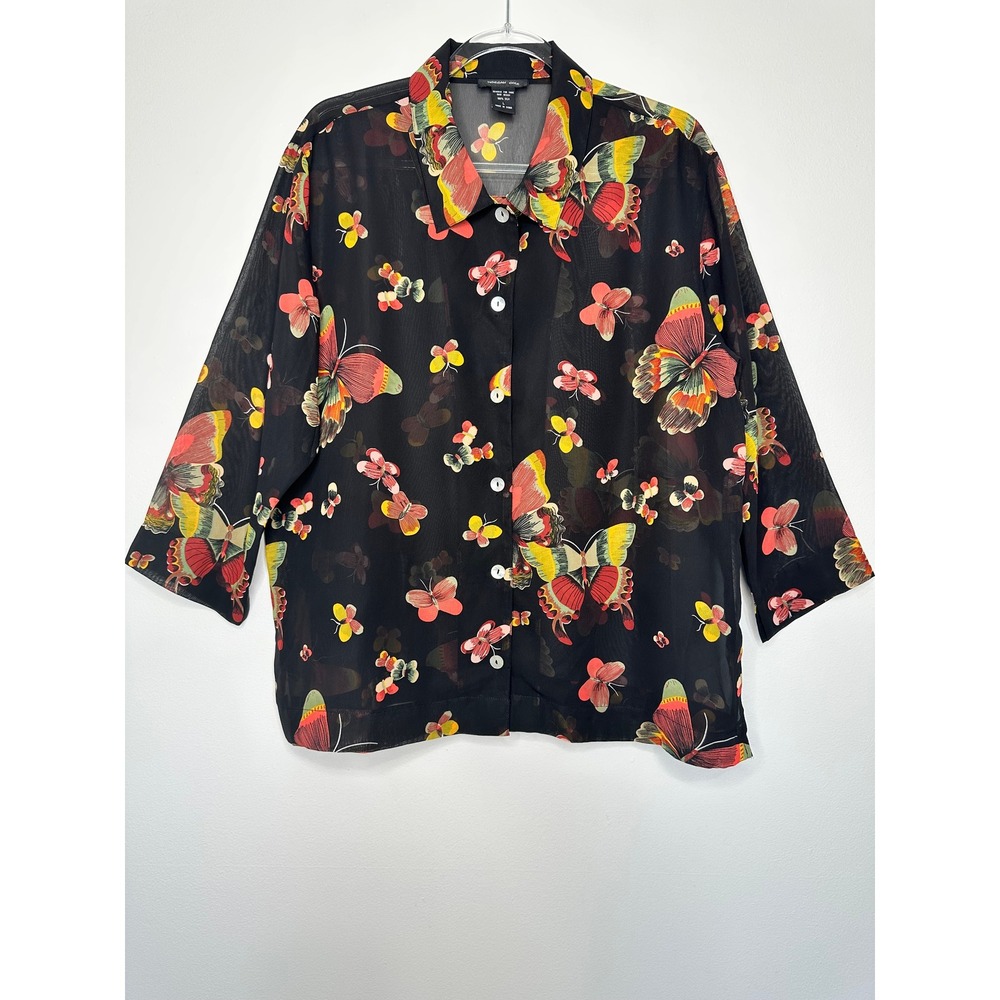 Morgan Cole 100% Silk Butterfly Print Sheer Button Front Blouse Size L Black